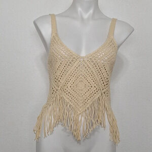 Pinky "NEW" Cream Retro 70's Crochet Fringe Bohemian Cropped Y2K Top Size M